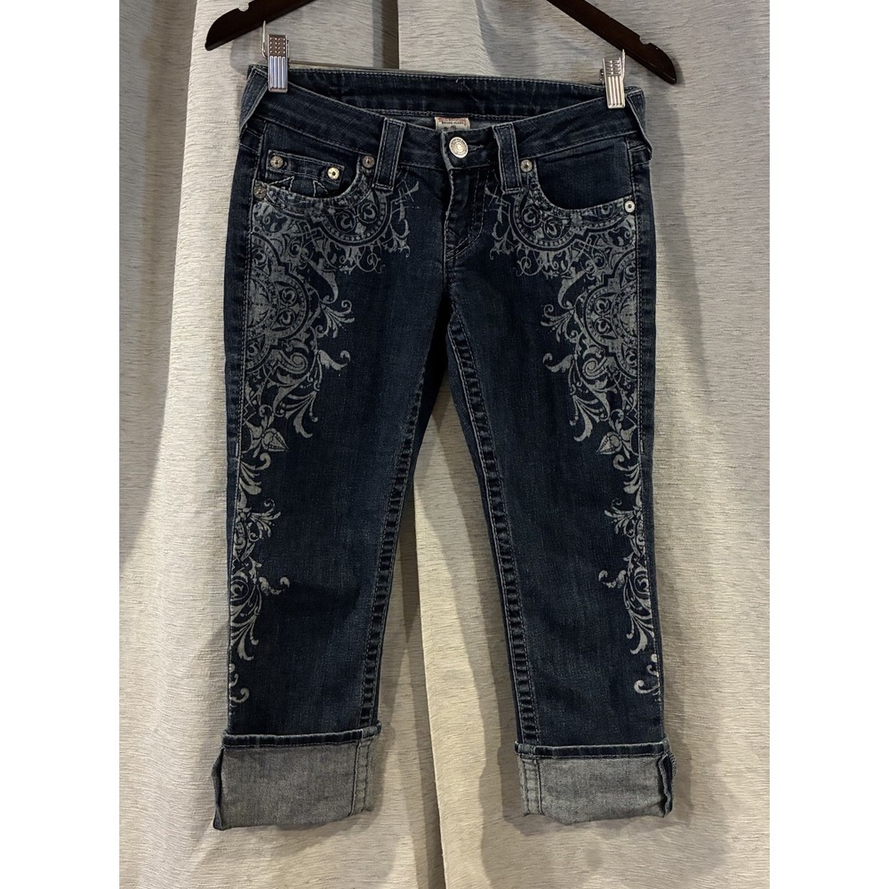 True Religion Cathedral Floral Print Capri Denim Jeans Blue Women Size 26